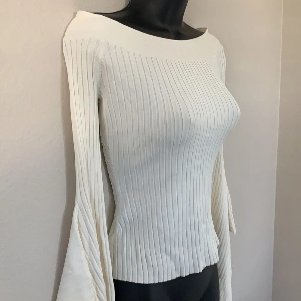 BCBG MaxAzria Gardenia Cream Stevie Ribbed Off The Shoulder Bell Sleeve Sweater - Picture 8 of 13